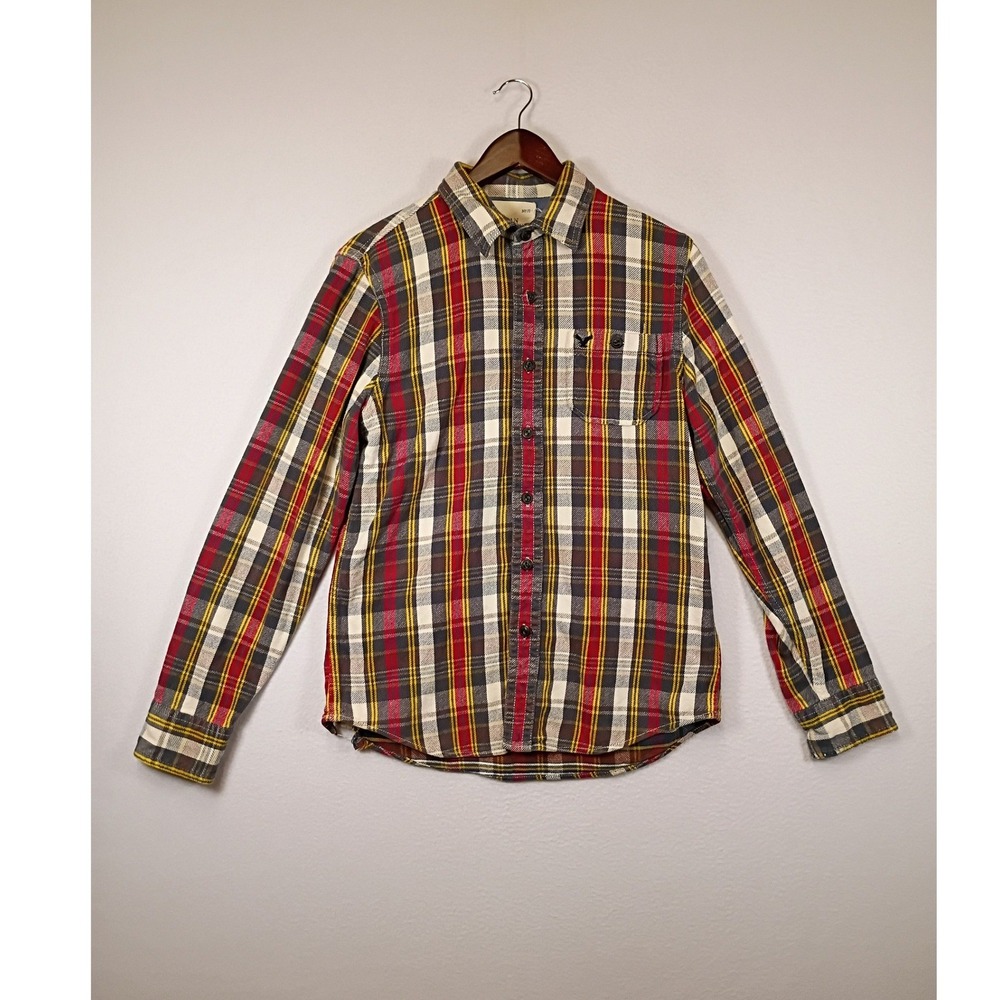 Rugged Plaid American Eagle Mens Medium Red Yellow Long Sleeve Button Down Shirt